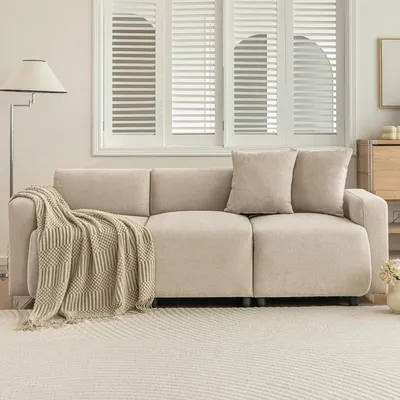 Image de Canapé 3 places avec coussins décoratifs, tissu chenille, 211 cm. Design moderne, couleur beige