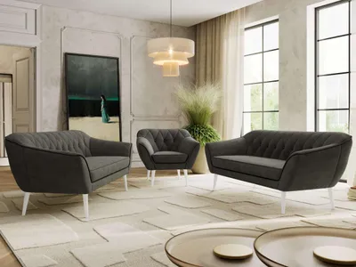 Produktbild von MKS MEBLE Couchgarnitur PIRS 3-3-1, Set mit Armlehnen, Wellenfederung, weiße Füße, Dreisitzer Sofas mit Sessel, Sitzgruppe Wohnzimmer - Dunkelgrau Velvet