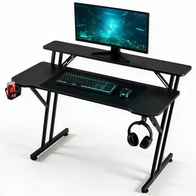 Produktbild von ISOISL Gamingtisch 120x60 cm Z-Form mit Ablage, Carbon-Optik und Kabelmanagement