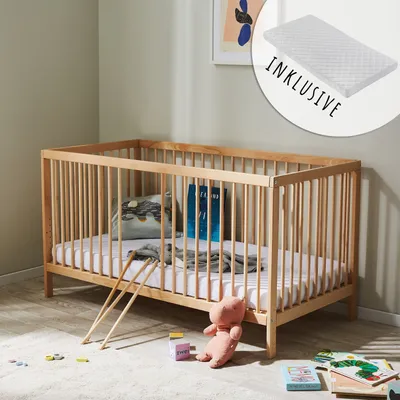 Image de Lit bébé lit d'enfant lit à barreaux réglable en hauteur & barreaux amovibles bois de hêtre très stable, avec matelas, naturel, 60x120 cm