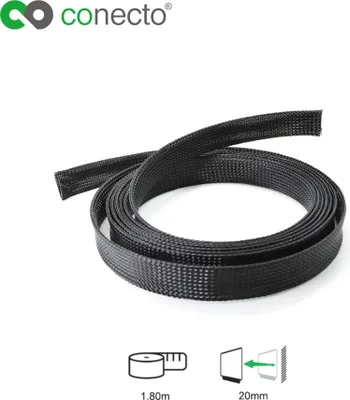 Produktbild von conecto CC50323 Universeller Polyester-Kabelschlauch, selbst zusammenziehend, Ø 20mm, 1,80m. schwarz