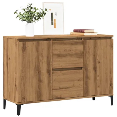 A wooden sideboard with two drawers and two doors, placed on a white background.