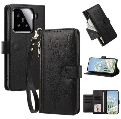 Produktbild von Handyhülle für Xiaomi 15, Wallet Case Kunstleder mit Kartenfächern, Reißverschluss und Handschlaufe Schwarz