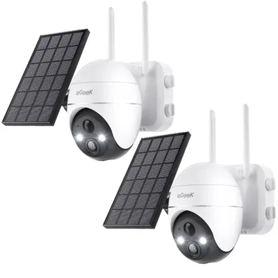 Two outdoor security cameras with solar panels.
