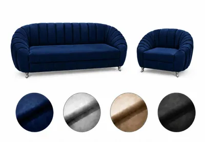 Zdjęcie produktu dla Zestaw wypoczynkowy Verno – sofa trzyosobowa z funkcją spania + fotel, styl glamour, schowek na pościel, pianka HR, nowoczesny design, najwyższy komfort, ciemnoniebieski