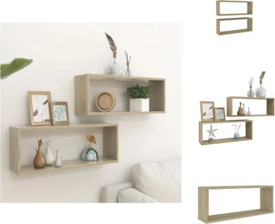 Two wooden cube shelves mounted on a white wall, decorated with various items.