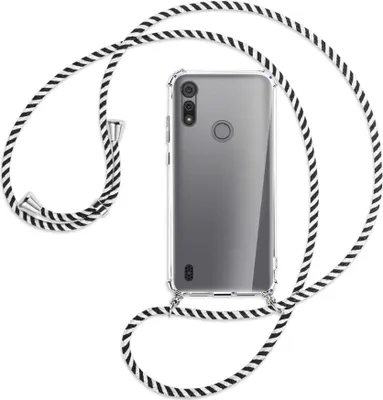 Produktbild von Handykette Backcover-Schutzhülle mit Band (Metall silberfarben) für Motorola Moto E6s - schwarz/weiß gestreift