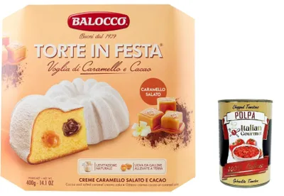 Produktbild von Balocco Torte in Festa con Crema di Caramello e Cacao,Festtagstorten mit Karamell- und Kakaocreme, 400g+Italian Gourmet polpa 400g