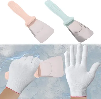 Produktbild von 2Stück Kühlschrank Eiskratzer Kühlschrank Schaufel Küche Gefrierschrank Gadgets Schaufel Edelstahl Defroster Multifunktionale Eisschaufel (Im Lieferumfang ist ein Paar Frostschutzhandschuhe enthalten)