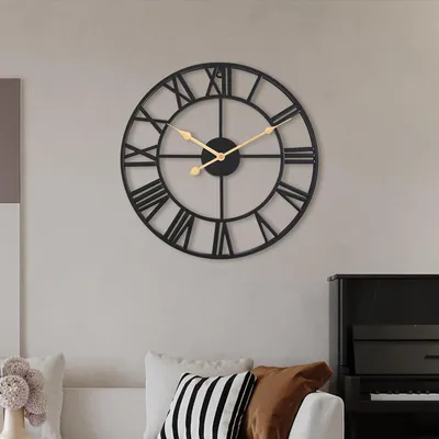 Produktbild von Große Runde Wanduhr 60 cm im Vintage-Stil - Stille Uhr mit Römischen Ziffern für Wohnzimmer und Schlafzimmer