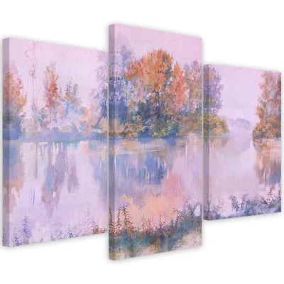 Produktbild von Triptychon auf leinwand blick auf den see 120x80 cm Feeby blau wandbild bereit zum aufhängen