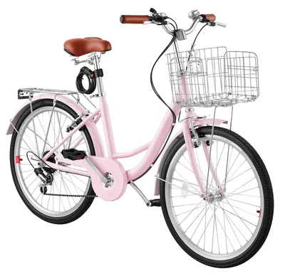 Produktbild von SucceBuy Damenfahrrad 24 Zoll Cruiser-Fahrrad 150 kg 7-Gang Citybike Pink, ideal für Pendelfahrten, Einkäufe und Strandtouren, ausgestattet mit V-Bremsen, 50 kg Gepäckträger, Schutzblechen und Handschuhen