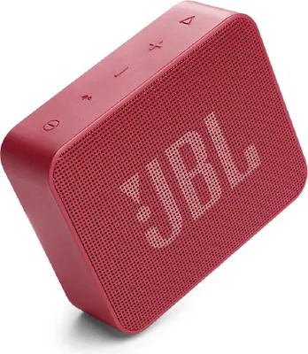 A red JBL Bluetooth speaker is shown at an angle against a white background.