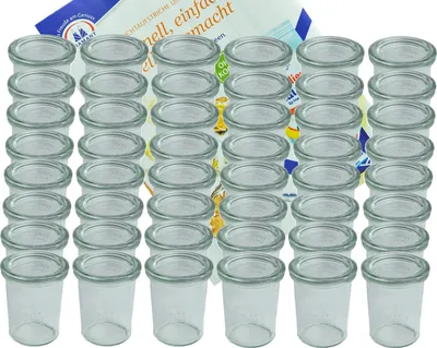 Produktbild von 48er Set Weck Gläser 160 ml Sturzgläser mit 48 Glasdeckeln incl. Diamant Gelierzauber Rezeptheft