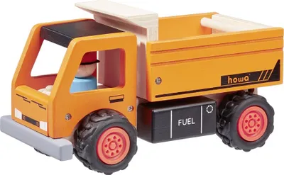 A wooden toy dump truck with a driver inside, shown from a slight angle.