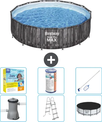 Produktbild von Bestway Round Steel Pro MAX Schwimmbad – Holzdruck – 427 x 107 cm – inklusive Pumpe – Leiter – Abdeckung Wartungspaket - Filter - Reinigungskit