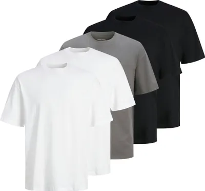 Produktbild von JACK&JONES Herren T-Shirt, 5er Pack - JJHUGO LOOSE TEE SS CREW NECK, Kurzarm, Rundhals, Baumwolle Schwarz/Weiß/Grau S