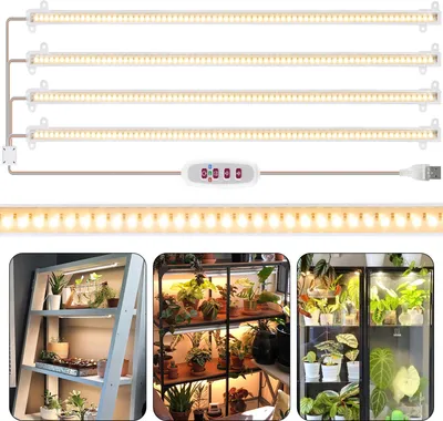 A collage of images showing LED grow lights and plants under grow lights.