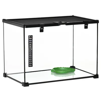 Immagine prodotto di Terrario per rettili, dimensioni 50x30x35 cm, in vetro, con vano per il cibo e struttura in metallo (colore nero)