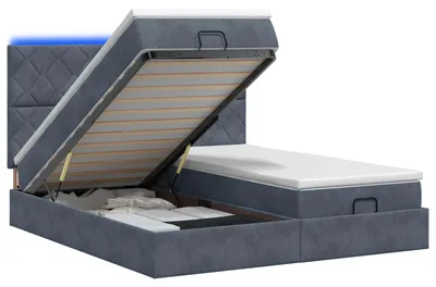 Image de Banc coffre avec matelas et éclairage LED, gris foncé, 180 x 200 cm, revêtement en velours