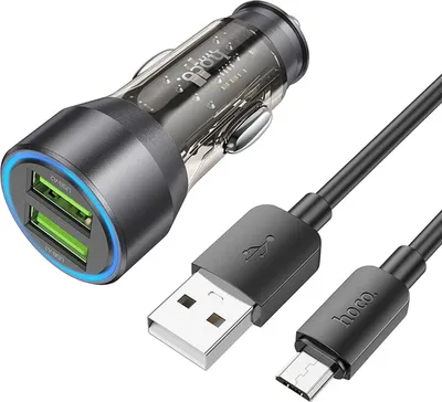A car charger and a USB cable are displayed against a white background.