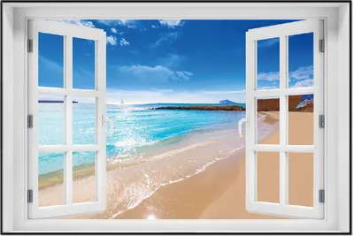 Produktbild von Wallario Wandbild mit Fenster-Illusion: Traumstrand unter blauem Himmel, Größe: 61 x 91,5 cm, Poster mit schwarzem Aluminiumrahmen