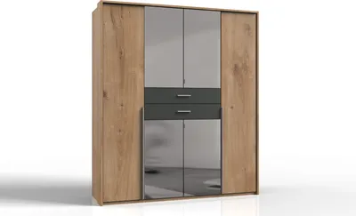 Produktbild von Kleiderschrank "Denver" aus Spanplatte in Plankeneiche-Nachbildung mit 2 Schubladen und 6 Türen. Abmessungen (B/H/T) 180x208x58 cm