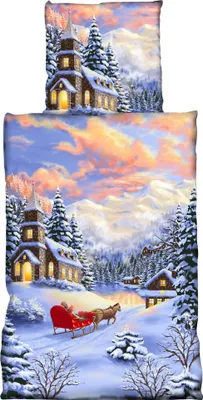 Produktbild von 4 teilig Flausch Bettwäsche 135x200 cm Winterlandschaft weiß blau Thermofleece