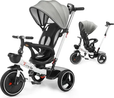 Image de Tricycle pour enfants - Tricycle/poussette 6 en 1 - Guidon - Barre de sécurité amovible - Capote réglable - Ceinture de sécurité - Grandes roues à l'avant 25+ cm, à l'arrière 20+ cm - Gris