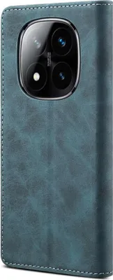 A close-up view of a blue leather flip case for a smartphone, showing the camera module area.