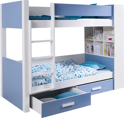 Produktbild von MIRJAN24 Etagenbett Gaspar 80, Jugendbett mit Bettschubladen, Stilvoll Hochbett (Weiß / Blau, Größe: 80x180, Seite: Links)