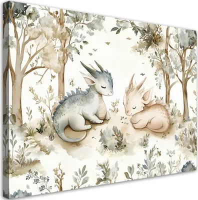 Produktbild von Leinwandbild für Kinderzimmer Schlafende Drachen Tiere im Wald beige 100x70 Feeby Beige bild für die wand bereit zum aufhängen