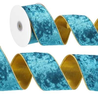Fluwelen Band mit Draht, 6 cm x 10 m, Gold geprägt, Blau