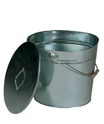 A galvanized metal bucket with its lid slightly ajar, shown against a white background.
