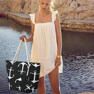 Produktbild von Famanu Strandtas große Schultertas mit Kordelzug - für Strand, Urlaub, Shopping und Reisen