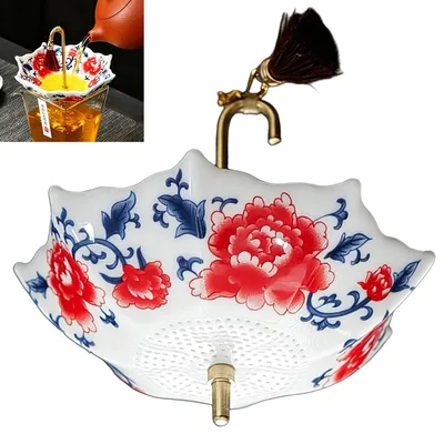 Produktbild von Keramik Teesieb Regenschirmform, Porzellan Teefilter für losen Tee, drehbar, traditionelles Design, rote Blume