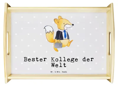 Produktbild von Mr. & Mrs. Panda Küchentablett Fuchs Bester Kollege der Welt - Grau Pastell - Geschenk, Beruf, Geschenkidee, Arbeit, Tablett, Büro, Serviertablett, holz, aus, Dankeschön