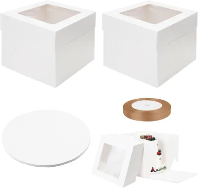 Imagen del producto de Juego de dos cajas para pasteles, de 25x25x20 cm y 25x25x25 cm, con ventana transparente, ideales para pasteles y productos de repostería