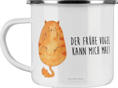 Produktbild von Mr. & Mrs. Panda Emaille Becher Katze Frühaufsteher - Weiß - Geschenk, Haferl, Tasse, Kater, Genervt, Kaffee, Katzen, Mittelfinger, Teetasse, Verschlafen, Pott