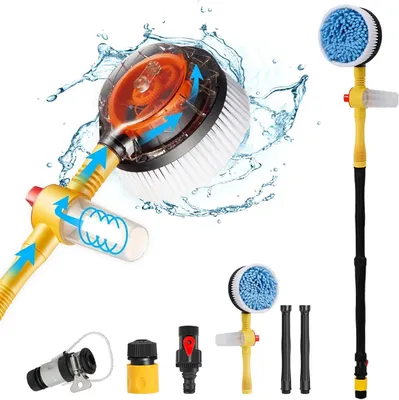 Image de Brosse rotative à 360° pour le lavage automobile, brosse de lavage pour voiture avec long manche, brosse de nettoyage pour voiture avec réservoir à savon et système de pulvérisation pour l'eau et les vitres, idéale pour les jardins