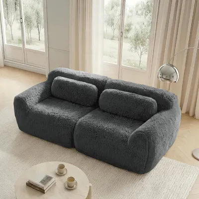Produktbild von Rahmenloses modulares 2-Sitzer Sofa,Plüschstoff,mit Kissen,Weich, hochelastischer Schaumstoff,rutschfester Boden,geeignet für kleines Wohnzimmer,Grau