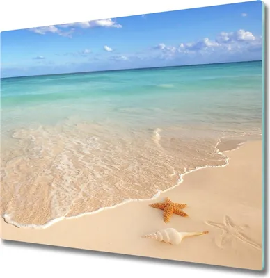 Produktbild von Glas Herdabdeckplatte 60x52 cm Spritzschutz Glasabdeckplatte Schneidebrett Seestern am Strand
