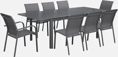 Produktbild von sweeek - Ausziehbarer Gartentisch, 6 Stühle, 2 Sessel aus Aluminium und Textilene - Anthrazit