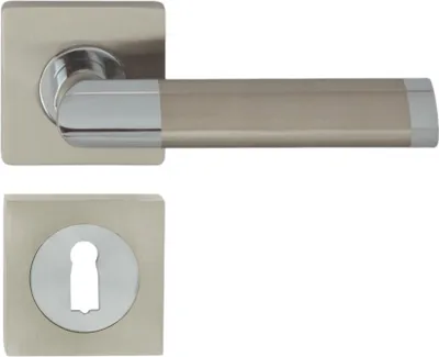 A door handle set with a square rosette and a keyhole escutcheon, presented against a white background.