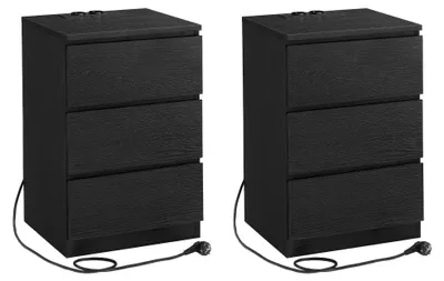 Produktbild von Nachttisch - Nachtschrank - 2er-Set - 3 Schubladen - 2 Steckdosen - 2 USB-Ports - Schwarz