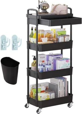 Imagen del producto de Carrito de servicio - Carrito de cocina - Carro de almacenamiento - Organización de espacios - Cajones y ruedas - 4 niveles - Negro