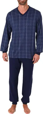 Produktbild von Herren Pyjama Schlafanzug langarm mit Bündchen in eleganter Karo Optik - 212 101 90 409 ; blau-melange , 50