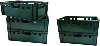 Stack of green plastic crates on a white background.