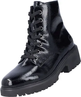 A black patent leather lace-up boot with a thick sole.