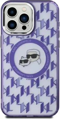 Image de Étui MagSafe pour Apple iPhone 15 - Coque arrière Karl Lagerfeld IML Monogram Karl & Choupette Head - Violet